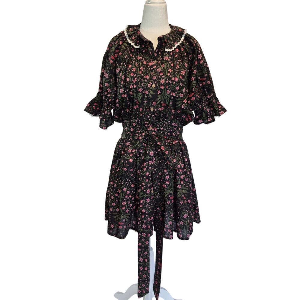 New India Collection Cotton Hand Block Black Floral Dress XS